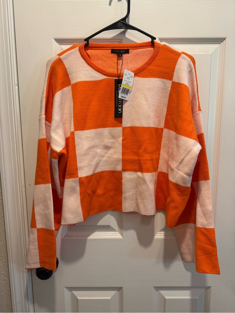 Papermoon Orange & Cream Checkered Cropped Crewneck Sweater